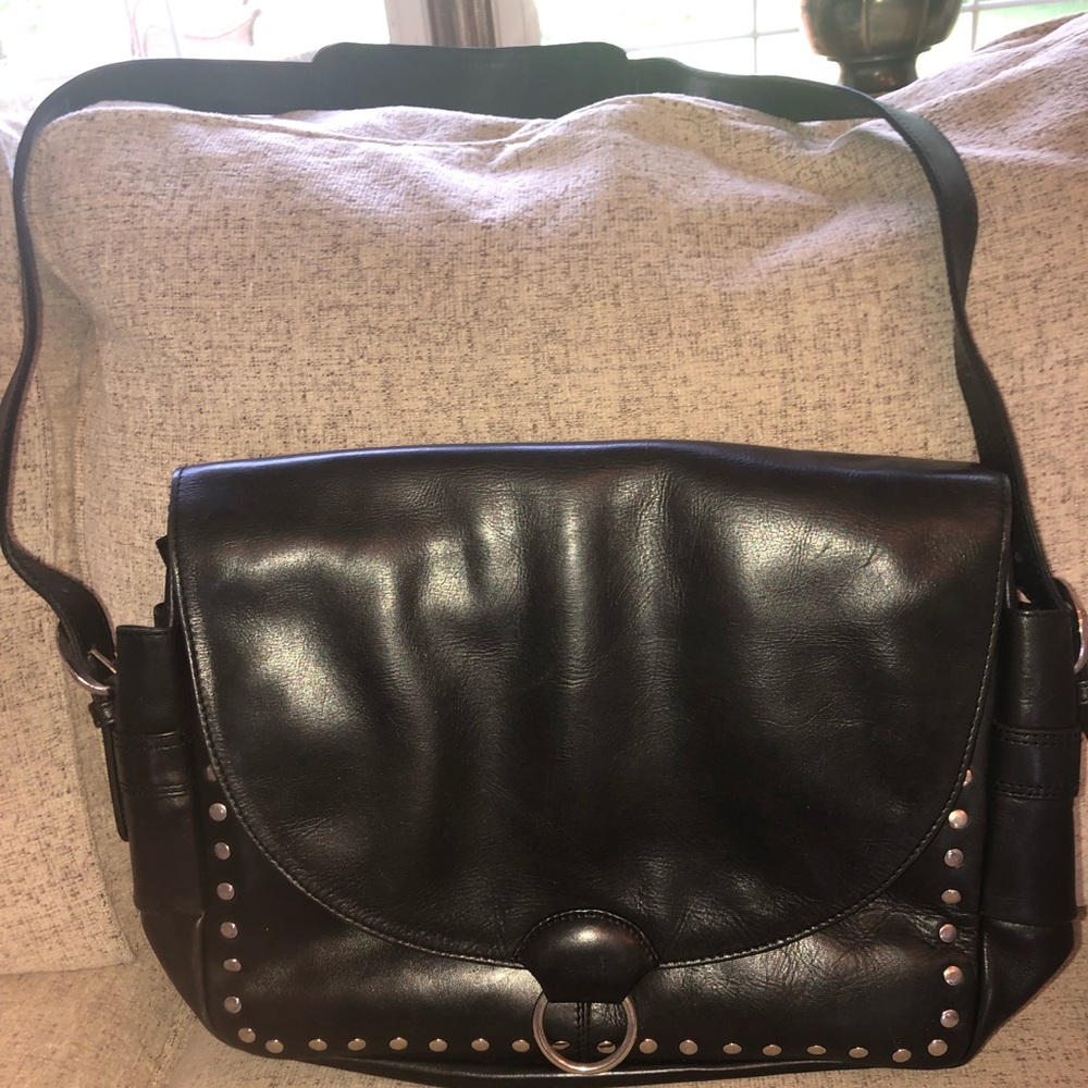 Frye messenger bag. Black leather with silver studs